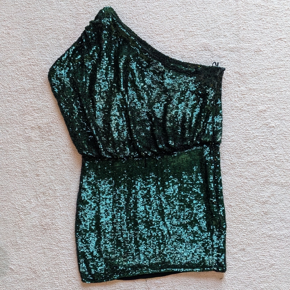Haute Hippie green sequin one-shoulder mini cocktail dress, size M